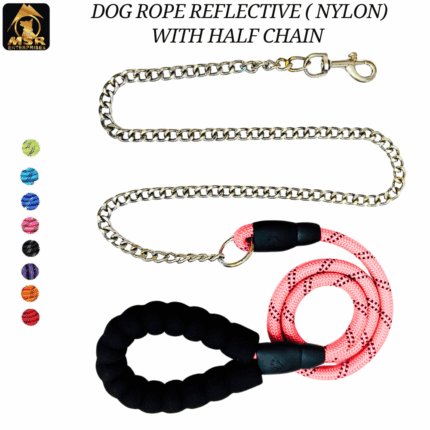 DOG COLOR SS HALF LEAD CHAIN & ZINC HOOK WITH HALF ROPE REFLECTIVE (NYLON)