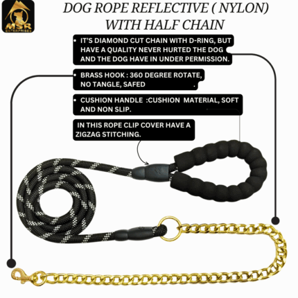DOG COLOR HALF LEAD CHAIN / BRASS HOOK WITH REFLECTIVE HALF ROPE (NYLON)